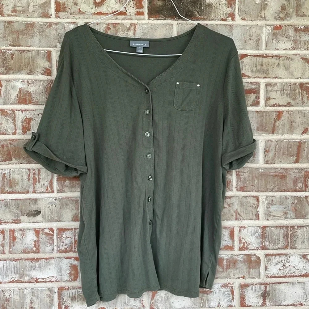 Essentials Olive Green Ribbed Knit Button Down V-neck Blouse